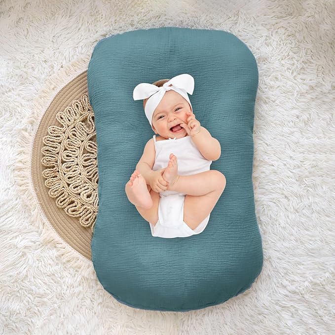 Hooyax Baby Lounger Cover 2 Pack - 100% Muslin Cotton Newborn Lounger Pillow Covers Only, Soft Breathable Infant Lounger Cover with Reinforced Stitching, Fits Most Standard Baby Loungers (Blue Grey)