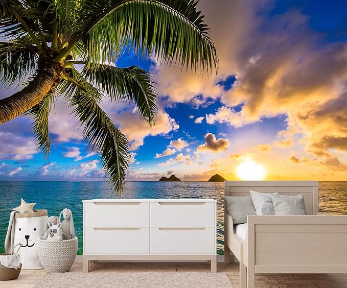 Sunset Seascape Wallpaper Palm Tree Beach Wall Mural for Living Room Bedroom Dining Room Basement(Not Self-Adhesive)
