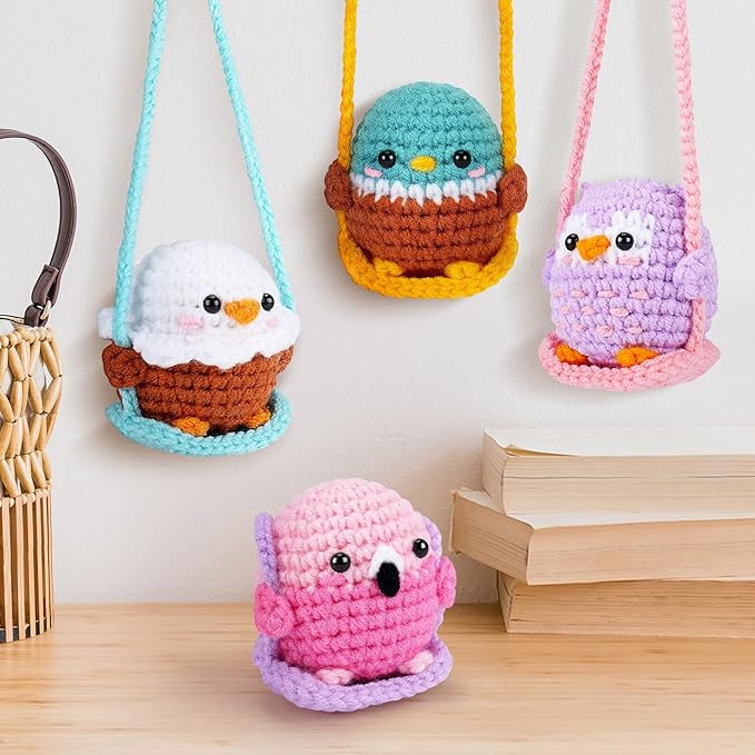 Crochet Kit for Beginners -4 PCS Bird Crochet Kits with Step-by-Step Video Tutorials, Beginner Crochet Kit for Adults and Kids, Crochet Birds On The Swings(Mallard Bald Eagle Flamingo Owl)