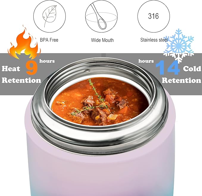 Soup Thermo for Hot Food & Drinks, Thermo Lunch Box for Kids, 17oz Vacuum Insulated Food Container with Spoon&&Drawstring Bag, Soup Therm for Adults, Pink&Green
