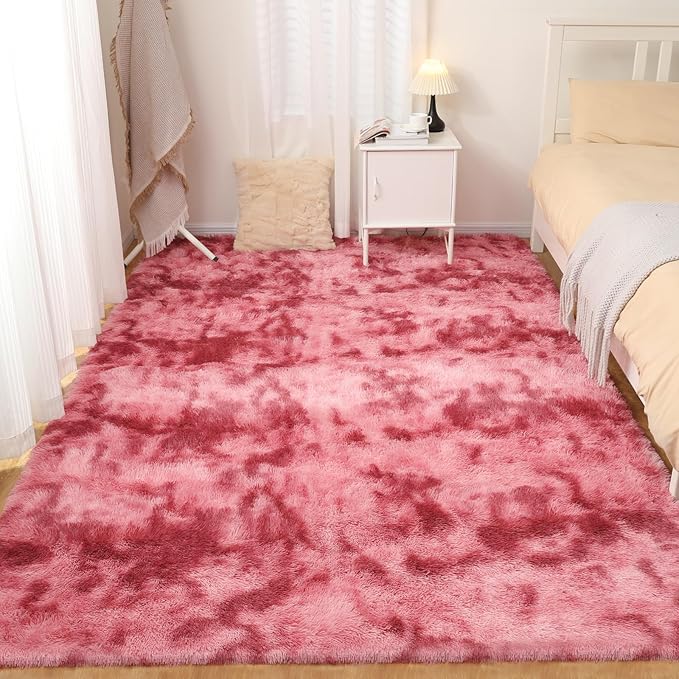 Area Rugs 9x12, Fluffy Rugs for Living Room, Ultra Soft Rugs for Bedroom, Non-Slip Indoor Carpet for Nursery, Kids Room, Playroom, Home Decor, Tie-Dyed Dark Pink