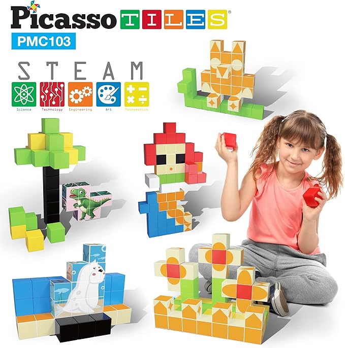 PicassoTiles 103 Pieces 1" Magnetic Toy Building Block Cubes Building Block, 3D Cube Construction Cubes Magnet Sensory Toys Gifts Educational with Free Idea Book for Kid, Boy, Girl & Toddler PMC103