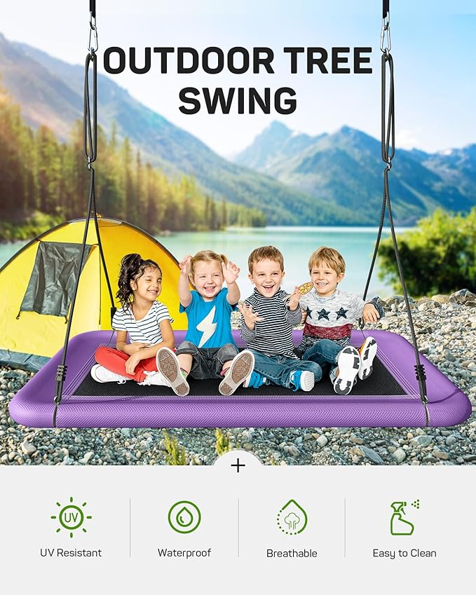 Tree Swing for Kids and Adults, 60" Waterproof Rectangle Platform Swing, 700lbs Heavy Duty with Adjustable Straps, Purple