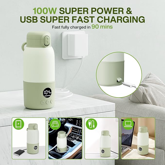 Portable Bottle Warmer for Travel,Formula Container to Go 12.8oz Baby Bottle Warmer with 2-Min Fast Heating,Milk Warmer for Baby Travel Essential with Long Time Keep Warm Function