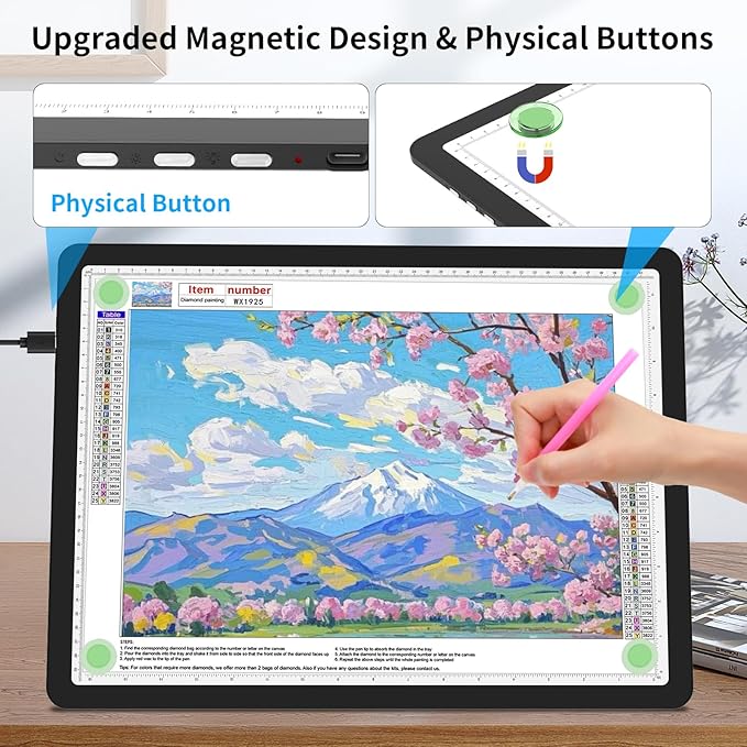 TOHETO A3 Light Board for Diamond Painting, Super Bright Magnetic Light Pad with Side Buttons, Lightbox for Tracing and Drawing, Corded Light Table for Sketching, Animation, Weeding Vinyl (Black)