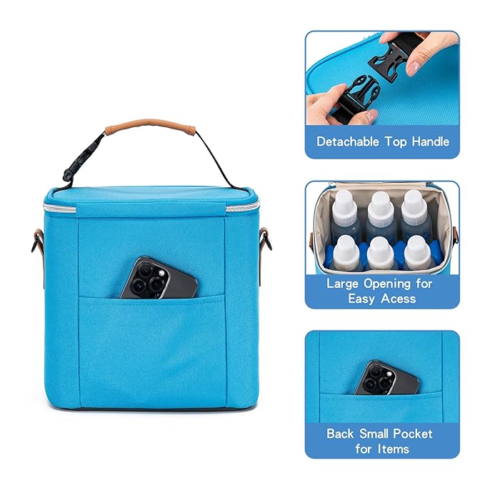 Breastmilk Cooler Bag with Ice Pack Fits 6 Baby Bottles Up to 9 Ounce, Baby Bottle Bag with Shoulder Strap for Nursing Mom Daycare, Blue