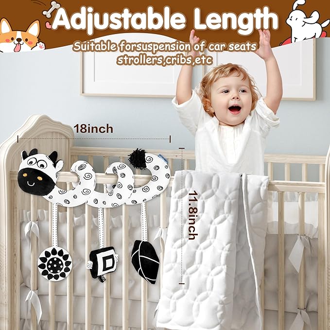 Car Seat Toys for Babies 0-6 Months,Hanging Rattle Toys for Crib Mobile, Baby Spiral Hanging Stroller Black and White High Contrast Toys for Newborn 0 3 6 9 12 Months Baby Boys Girls (Cow)