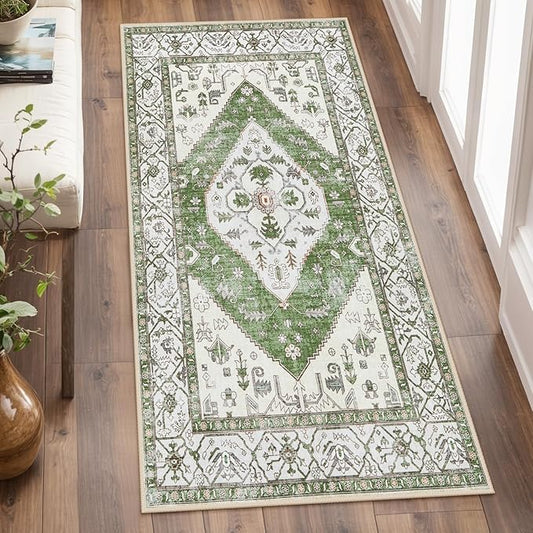 Lahome Boho Washable Hallway Runner Rug - 2x4 Rugs for Bedroom Non-Slip for Entrance (Green, 2'x4')
