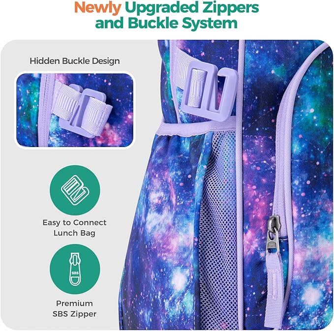 Choco Mocha Galaxy Backpack for Girls, Elementary School Backpack for Girls Ages 6-8 Kids Kindergarten Backpack Large Bookbag 18 Inch with Chest Strap, Purple