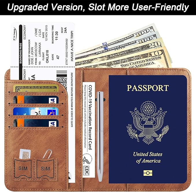Passport Holder Cover Wallet Travel Essentials Leather Rfid Blocking Case Vacation Luggage Must Haves Travel Accessories for Men Women (116#Brown)