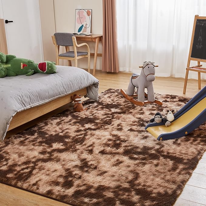 Ultra Soft Area Rugs for Living Room, 5x7 Tie-Dyed Brown Fluffy Plush Rugs for Bedroom, Non-Slip Floor Carpet for Kids Room, Bedside, Playroom, Corridor, Indoor Decor