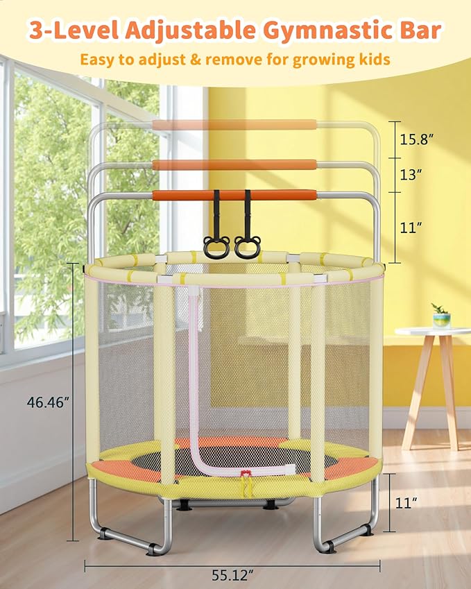 55” Trampoline for Kids, Powder-Coated Mini Trampoline for Toddlers, Indoor Outdoor Toys with Adjustable Gymnastics Bar, Swing, Basketball Hoop, Birthday Gifts for Boys & Girls Ages 1-8