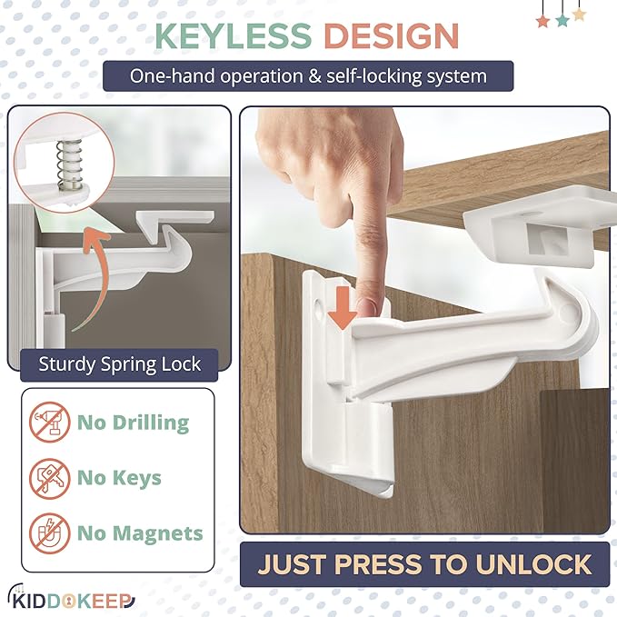 Upgraded Baby Proofing Cabinet Latches for Toddlers - 10 Pcs White Child Proof Cabinet Locks for Child Safety, Easy Set Up Child Locks for Cabinets and Drawers Security for Baby Proof Pantry