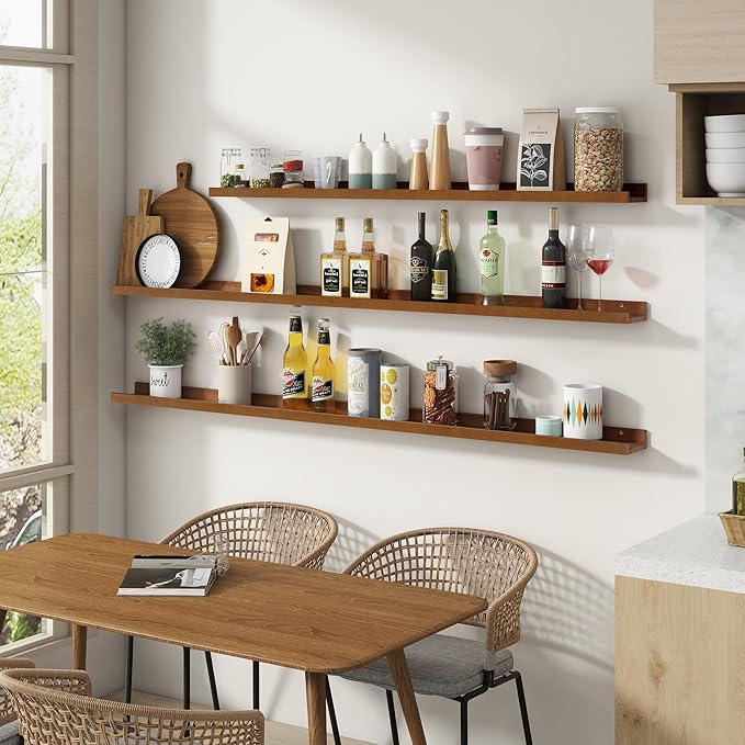 Picture Ledge Wall Shelves 24 inch Width Set of 2, Solid Pine Wood Rustic Floating Ledge Shelves for Wall for Kids' Room Bedroom Kitchen Bathroom Living Room Nursery Display Wall Decor, Walnut