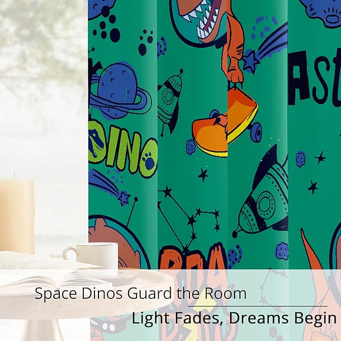 Kids Space Dinosaur Blackout Curtains - 100% Blackout, Thermal Insulated, Noise Reducing, Perfect for Kids Room and Nursery, 2 Panels (Roar Power Dino, W52×L84)