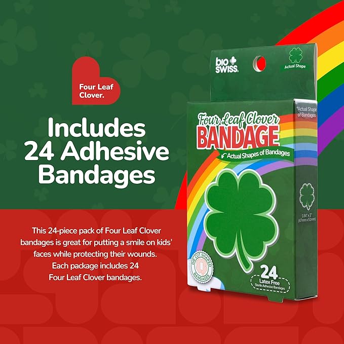 BioSwiss Bandages, 4 Leaf Clover Shaped Self Adhesive Bandage, Latex Free Wound Care, Fun First Aid Kit Supplies for Kids and Adults, 24 Count