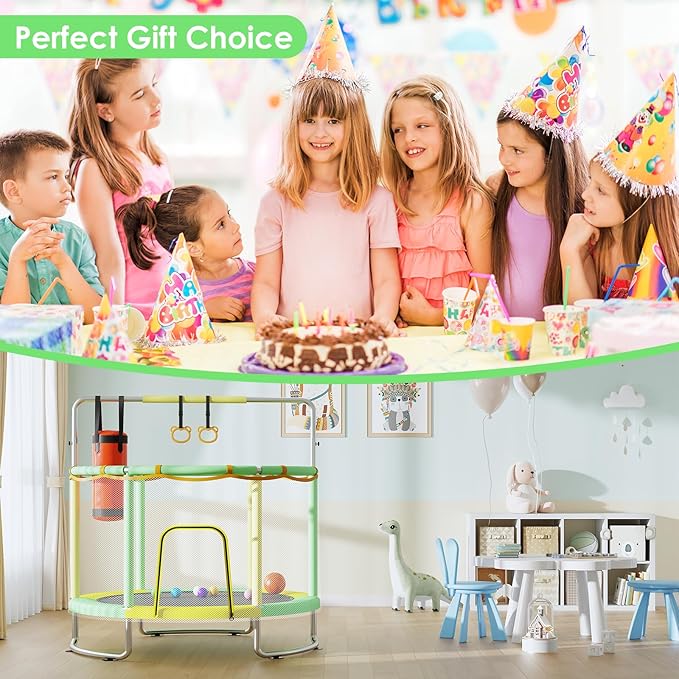 Trampoline for Kids, Upgrade Full Anti-Rust 440lbsToddler Trampoline with Net, Upgraded Ring Legs with Adjustable Gymnastics Bar&Toys, Gifts for Ages 1-8 Boys&Girls