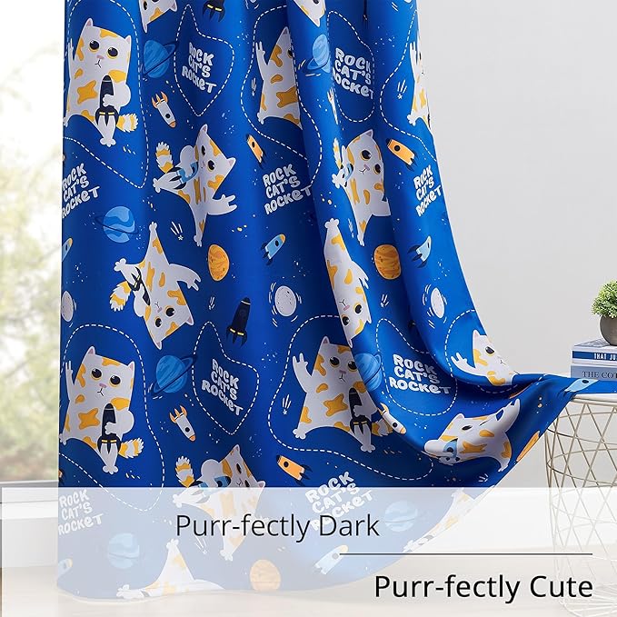 Kids Blackout Curtains - Space Cat Design, 100% Blackout, 2 Panels, Each W52×L84, Thermal Insulated Curtains for Bedroom, Noise Reducing, Combine Functionality with a Fun and Creative Design