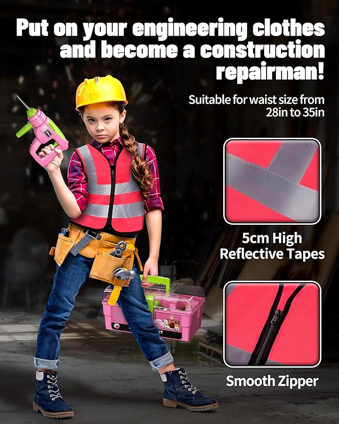 Deejoy Tool Set with Tool Box & Electronic Toy Drill, Pretend Play Kids Construction Kits for Kids Ages 3-5 Years Old, Toddler Tool Set(Pink)