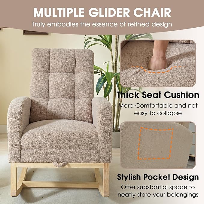 NIOIIKIT Modern Nursery Rocking Chair, Teddy Upholstered Rocking Chair with Footrest, Comfortable Rocker Chair with Side Pocket, Rocker Chair for Living Room, Bedroom, Nursing Room (Brown)