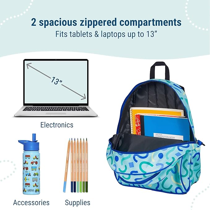 Wildkin 15-inch Kids Backpack – Durable, Padded, Adjustable for School & Travel - Confetti Blue
