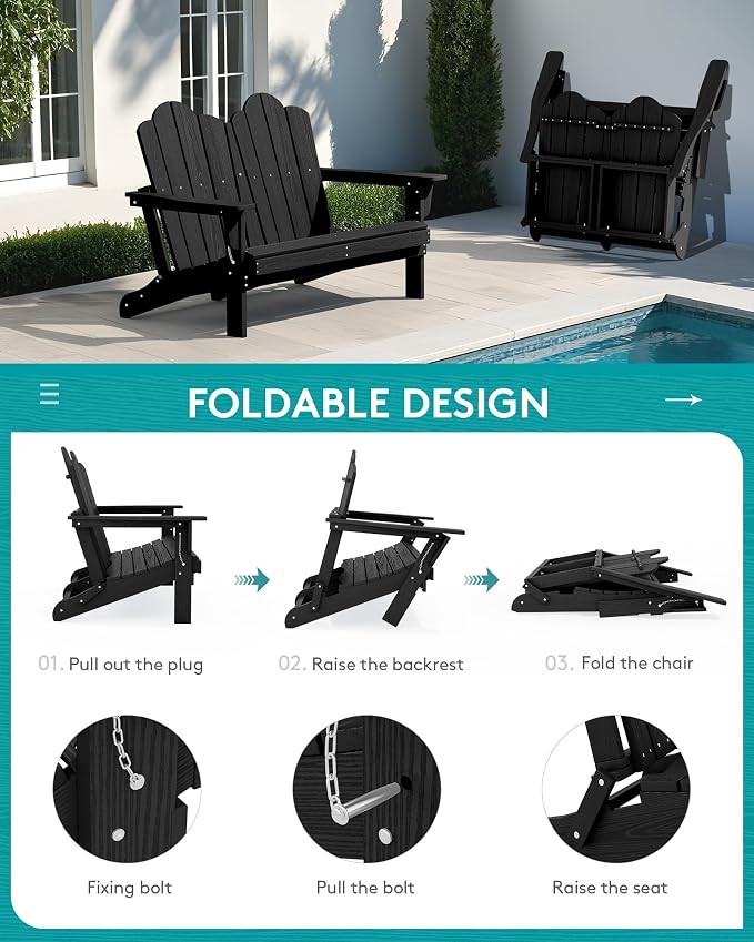 SERWALL Folding Adirondack Bench, HDPE All-Weather Adirondack Loveseat - Image 3