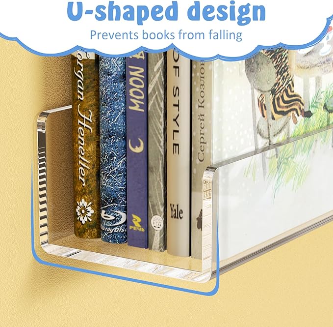 NIUBEE 24-Inch Acrylic Kids Floating Bookshelves, 2-Pack, Wall Mounted Clear Shelves for Kids' Growing Book Collections in Nurseries/Bedroom/Playrooms