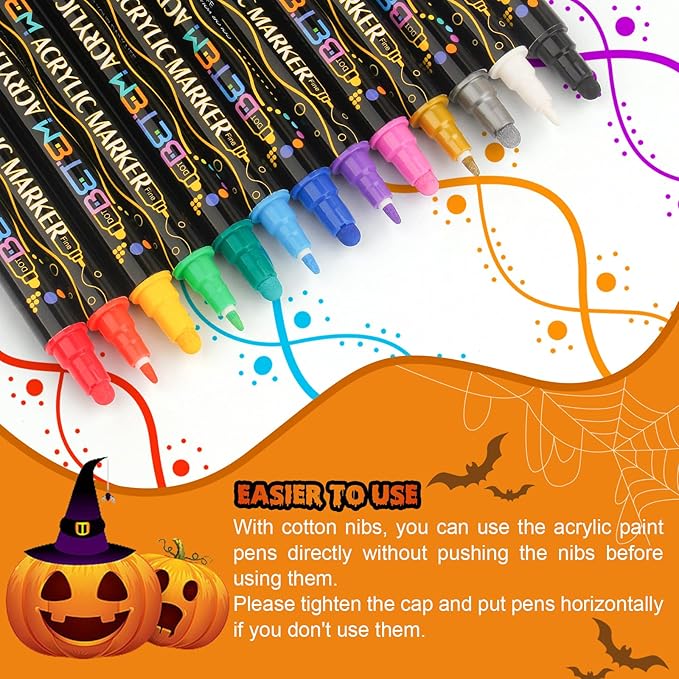 Betem 24 Colors Dual Tip Acrylic Paint Pens Markers, Premium Acrylic Paint Pens for Halloween Decorations, Wood, Canvas, Stone, Rock Painting, Glass, Ceramic Surfaces, Pumpkin Painting Kit DIY Crafts