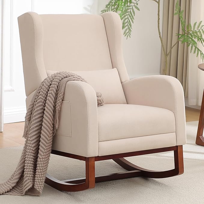Rocking Chair Nursery, Nursery Rocking Chairs with Foot Rest, Comfy Fabric Glider Rocker Nursing Chair with High Back for Nursing, Living Room, Bedroom, Beige