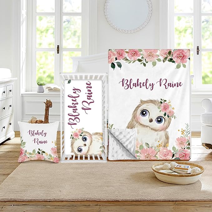 Custom Crib Bedding Set - Owl Design Personalized Name Baby Nursery Bed 3 Pcs Set - Chic Soft Blanket with Dotted Backing, Sheet, Pillowcase for Newborn Girls Boys Gifts Color21