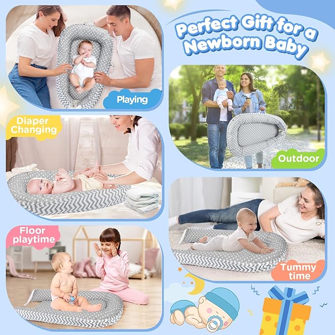 Baby Lounger - Baby Lounger for Newborn 0-24 Months, Breathable and Soft Cotton Cover Baby Nest, Portable Cozy Tummy Time Lounger for Home and Travel, Ideal Baby Essentials & Shower Gifts