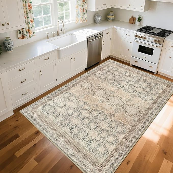 4x6 Area Rug for Bedroom Machine Washable, Non Slip Vintage Floral Kitchen Rugs for Dining Room, Rustic Indoor Floor Carpet for Nursery, Farmhouse, Office Classroom Beige/Pink/Orange