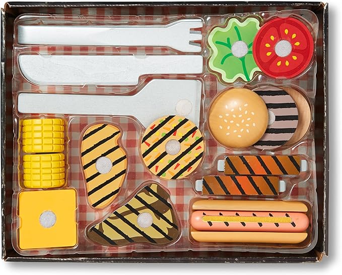 Melissa & Doug Grill and Serve BBQ Set (20 pcs) - Wooden Play Food and Accessories