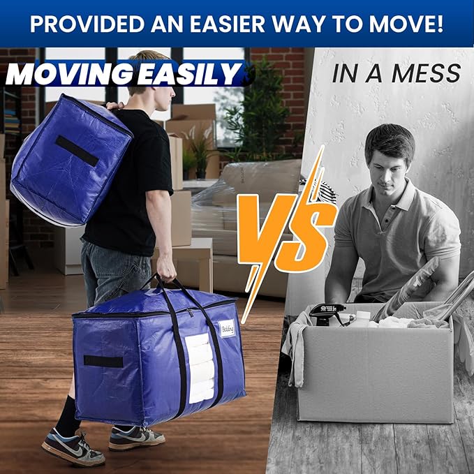 TAILI 10 Pack Dark Blue Extra Large Moving Bags, Heavy Duty Totes with Visible Window, Wrap Around Handles, Great for Space-Saving