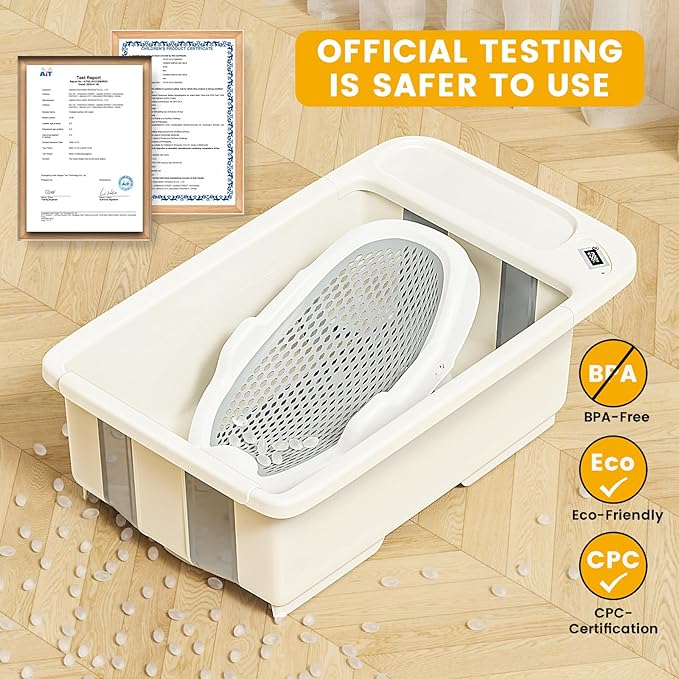 Collapsible Baby Bathtub with Smart Temperature Display & Bath Stand, Portable Travel Bathtub, Ideal for 0-36 Months Infants (Beige)