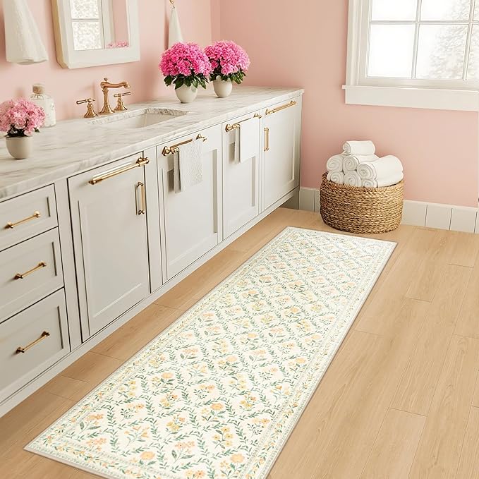 Runner Rug for Entryway: 2x6 Kitchen Rugs Non Slip Washable Ultra-Thin Soft Floral Carpet Indoor Floor Stain Resistant Carpets for Hallway Bedroom Kitchen Laundry Bathroom Dorm Beige/Multi