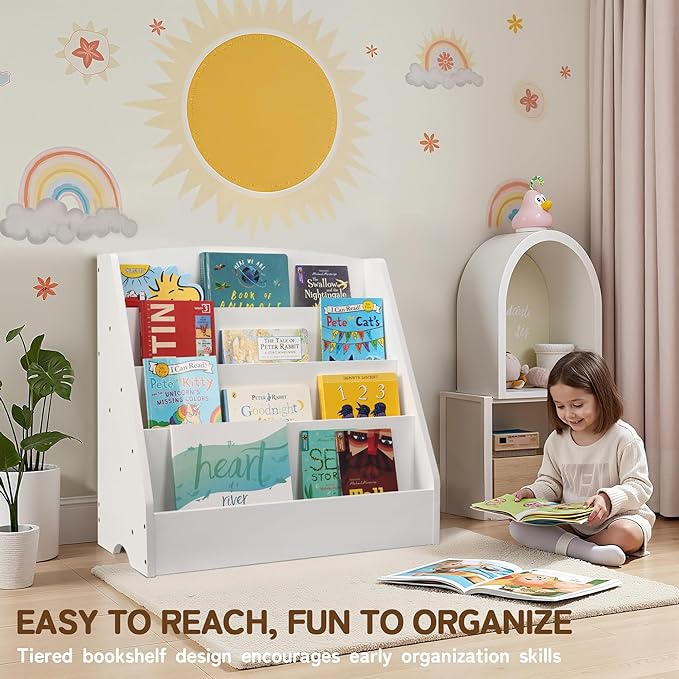 TOETOL 4-Tier Kids Bookshelf - Toddler Book Display Shelves for Classrooms, Playrooms, and Nursery - Wooden Children Book Rack (White)