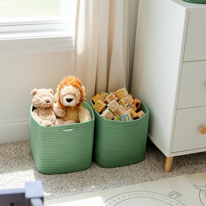 NaturalCozy 13 Inch Cube Storage Bins Cotton Rope Woven Baskets for Organizing 3-Pack | 13 x 13 Storage Cubes | Fabric Square Storage Baskets for Shelves Organizer, Kids Toy Bins, Closet Baby Nursery