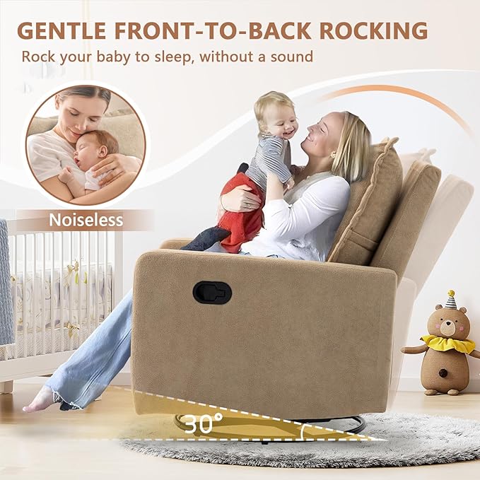 Swivel Rocking Recliner Chair for Nursery, Upholstered Glider Rocker Recliner, Swivel Reclining Chair for Nursery Living Room Bedroom, Camel Short Plush