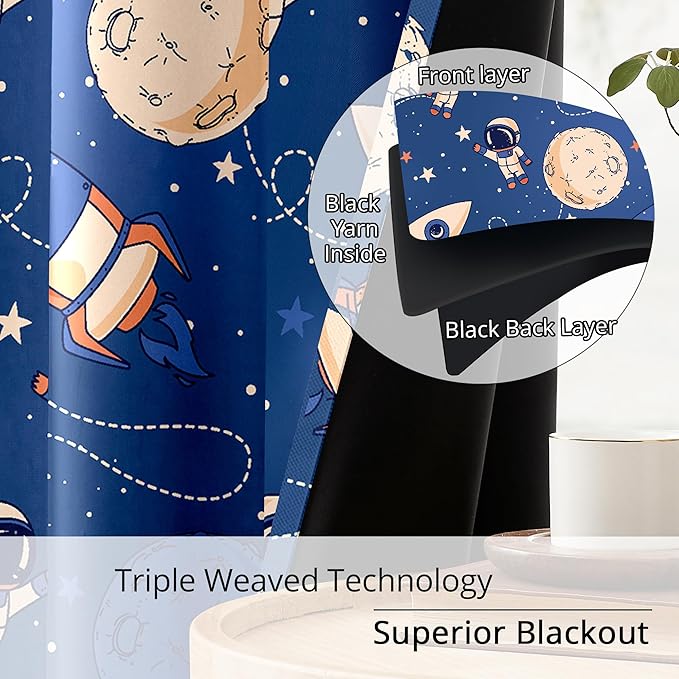 Kids Space Astronaut and Rocket Blackout Curtains - 100% Blackout, Thermal Insulated, Noise Reducing, Perfect for Kids Room and Nursery, 2 Panels (Orbiting Astronauts, W52×L63)