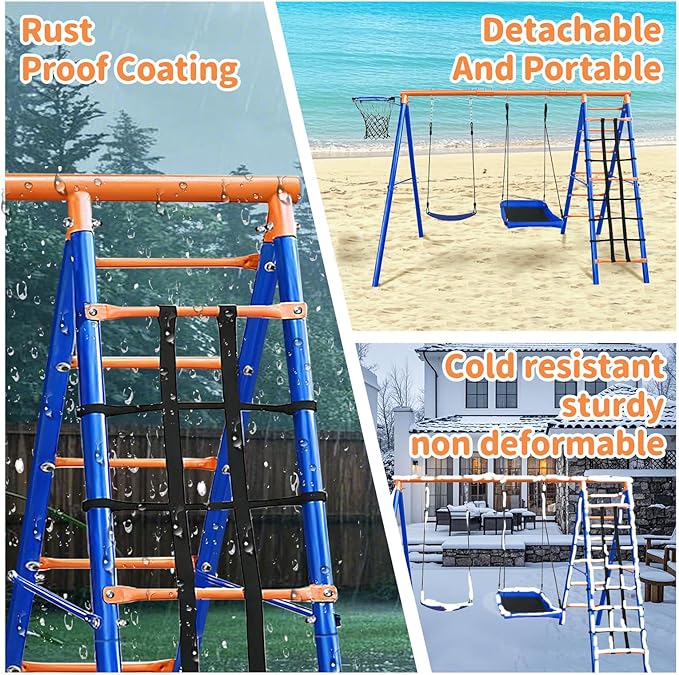 5-in-1 Heavy-Duty Metal Swing Set for Backyard - 500lb Capacity Outdoor Playset with Basketball Hoop & Climbing Rope