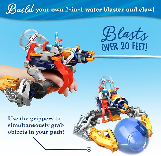 Thames & Kosmos Mega Cyborg Hydro Blaster STEM Experiment Kit, Toy of The Year Finalist - Build a Wearable Hydraulic-Powered Water Toy & Gripper, Shoots Water Up to 20 Feet, Transforms Into 5 Models