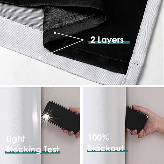 ChrisDowa 100% Blackout Curtains for Bedroom with Black Liner, 2 Thick Layers Total Blackout Thermal Insulated Grommet Long Window Curtains 2 Panels Set (Greyish White, 52 x 95 Inch)