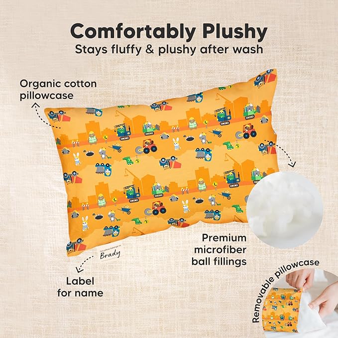Mini Toddler Pillow with Pillowcase - 9x13 My Little Dreamy Travel Kids Pillow for Sleeping, Toddler Bed, Small, Tiny, Organic Cotton Pillowcase, Soft & Breathable,Kids 2-4 Years Old (Little Builders)