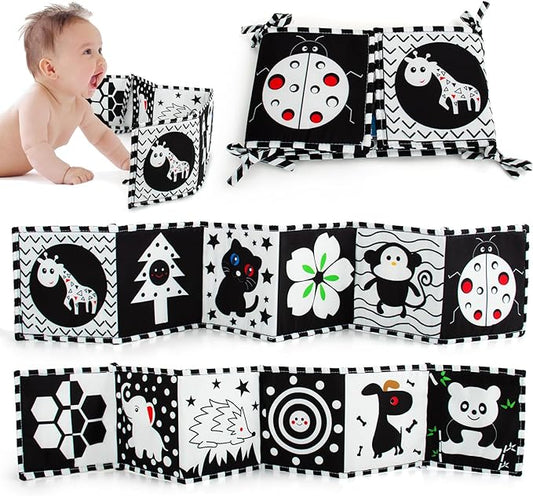 Cawgug Black and White High Contrast Baby Toys for Newborn Brain Development Tummy Time Soft Book Babies 0-3 6-12 Months Montessori Learning Activities Infant and Sensory Visual Stimulation Toys