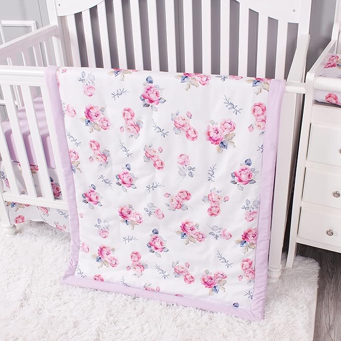 Belsden Floral 3 Piece Crib Bedding Set for Baby Boys Girls, Classic Nursery Bedding Essential Including Comforter, Crib Sheet and Crib Skirt, Ultra Soft Cozy, Floral Purple