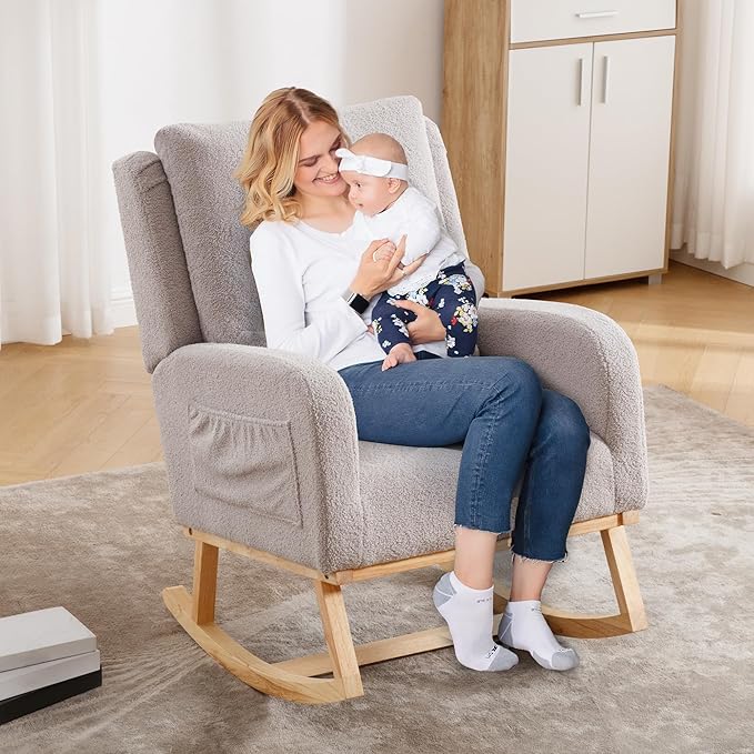 Rocking Chair Nursery, Sherpa Nursing Rocking Chairs, Upholstered Nursery Glider Rocker for Mom Nursery Morden Accent Rocking Chair Pillow for Living Room,Bedroom,Teddy Light Grey