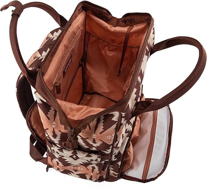 Wrangler Aztec Backpack Organized Daypack Travel Baby Bag with Stroller Strap and Side Bottle Pockets WG2204-9110BR