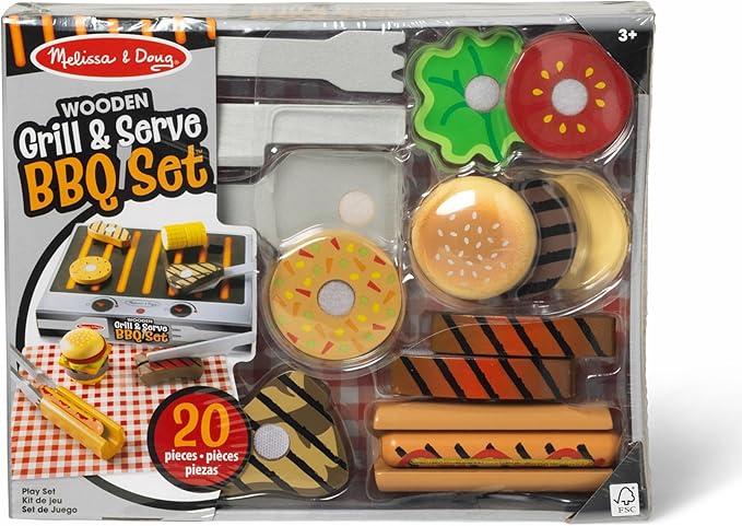 Melissa & Doug Grill and Serve BBQ Set (20 pcs) - Wooden Play Food and Accessories