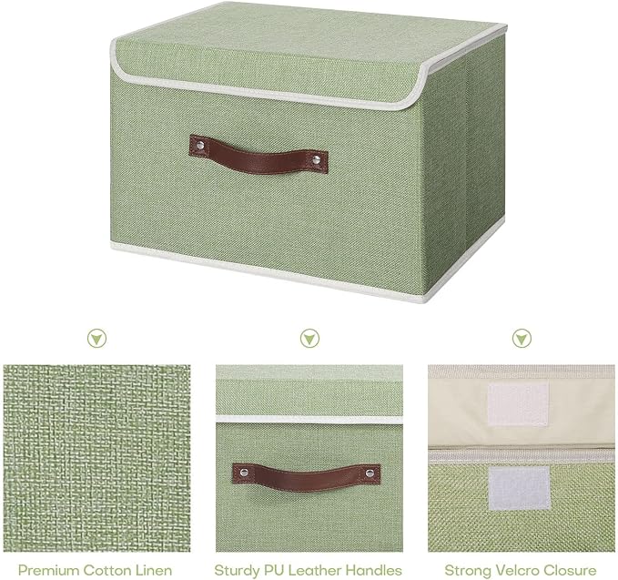 ANMINY 2PCS Storage Bins with Lid PU Leather Handles Storage Boxes PP Plastic Board Decorative Foldable Lidded Cotton Linen Fabric Home Cubes Baskets Closet Organizer Containers - Green, Large Size